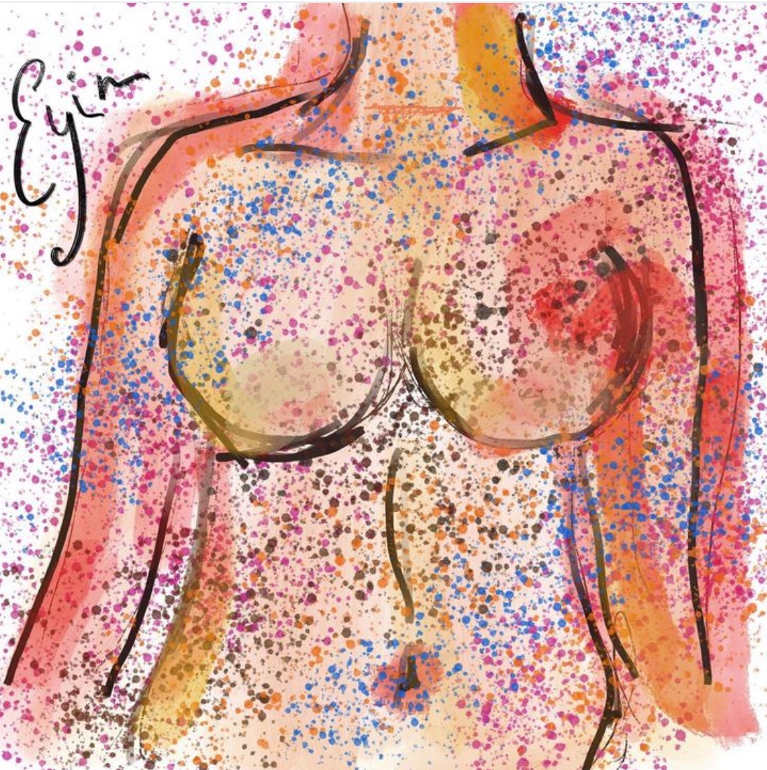 Obra de cuerpo femenino trazado con líneas y salpicaduras de color