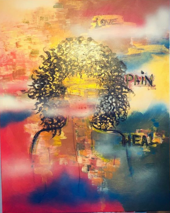 Obra pictórica abstracta con figura y palabras sobre el amor, el dolor y la sanación