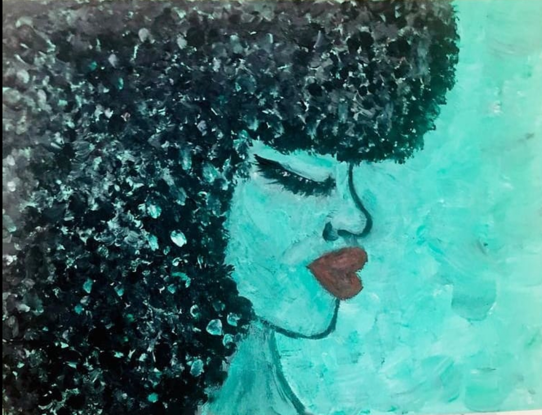 Pintura de perfil femenino con cabello afro sobre fondo turquesa